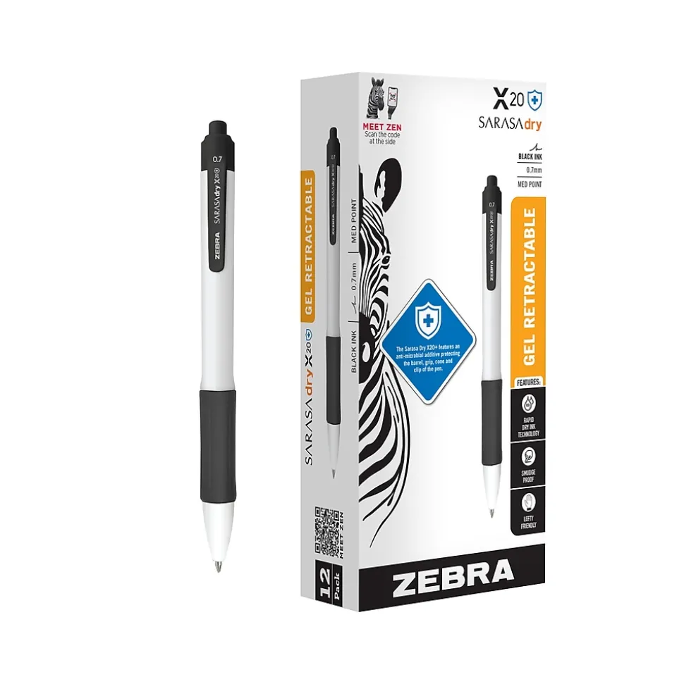 Zebra Sarasa Dry X20+ Retractable Gel Pen, Medium Point, 0.7mm, Black Ink, Dozen (41610)