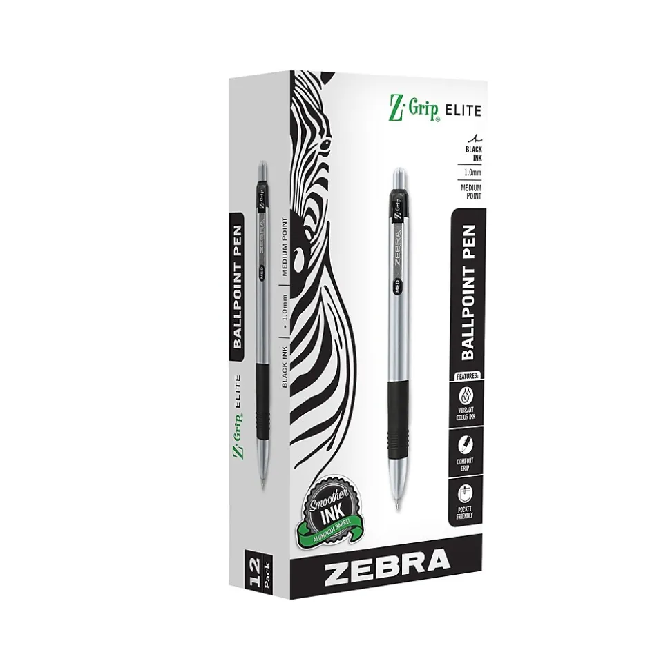 Zebra Z-Grip Elite Retractable Ballpoint Pen, Medium Point, 1.0mm, Black Ink, Dozen (27010)