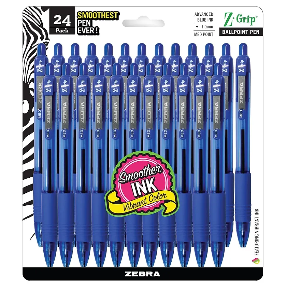 Zebra Z-Grip Retractable Ballpoint Pens, Medium Point, 1.0mm, Blue Ink, 24/Pack (ZEB12225)